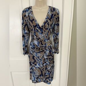Cache Blue Tan Snake Print Faux Wrap Stretch Jersey Gold Buckle Dress Size M